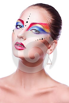 Voluptuous adult woman with multicolor make up isloated on white
