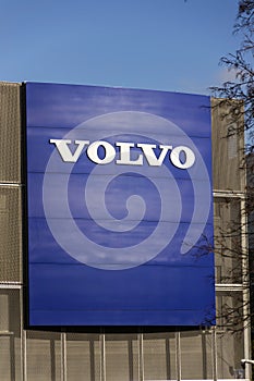 Volvo car logo in front of dealership building on February 25, 2017 in Prague, Czech republic