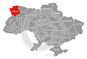 Volyn red highlighted in map of the Ukraine