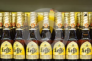 Volzhsky, Russia - apr 26, 2019: Products of hypermarket sale of alcoholic Belgian beer leffe sale of alcoholic beverages in the