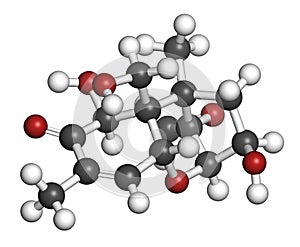 Vomitoxin deoxynivalenol, DON mycotoxin molecule. 3D rendering. Atoms are represented as spheres with conventional color coding.