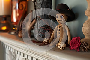 voodoo doll with a miniature hat and cane on a mantle