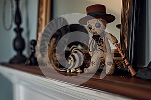 voodoo doll with a miniature hat and cane on a mantle