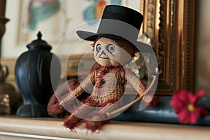 voodoo doll with a miniature hat and cane on a mantle