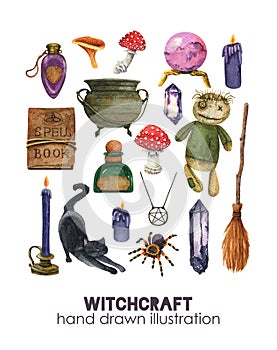 Voodoo rag doll, potion pot and broom, cat, ritual candle.