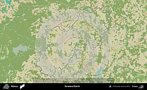 Voranava District outlined, Belarus. Topographic Humanitarian