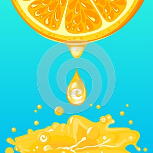 VOrange juice splash. Drop flowing from citrus slice. Vitamin C concept.