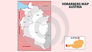 Vorarlberg Map. State and district map of Vorarlberg. Administrative map of Vorarlberg with district and capital in white color