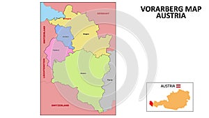 Vorarlberg Map. State and district map of Vorarlberg. Political map of Vorarlberg with neighboring countries and borders