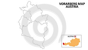Vorarlberg Map. State and district map of Vorarlberg. Political map of Vorarlberg with outline and black and white design