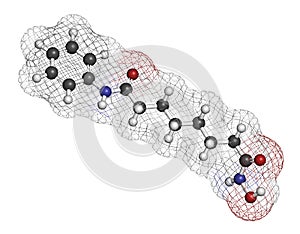 Vorinostat cutaneous T cell lymphoma drug molecule. Acts as histone deacetylase inhibitor. Atoms are represented as spheres with.