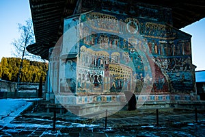 Voronet monastery and nun prayer in Suceava