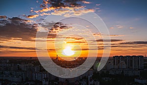 Voronezh city at sunset time in summer, aerial panoramic view from rooftop