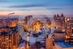 Voronezh cityscape. Aerial night view to modern residential area