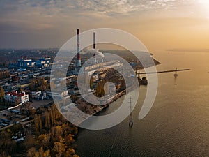 Voronezh thermal power plant at evening sunset. Aerial view from drone of large industrial area