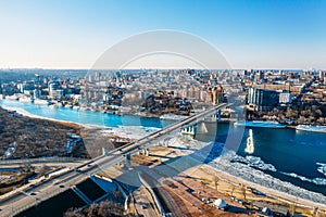 Voroshilovskiy Bridge above Don river and Rostov On Don aerial panoramic view of beautiful winter Russian city