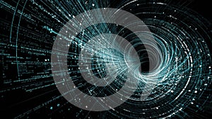 Vortex of Code Strings Forming a Spiral Abstract Background in a Digital Environment
