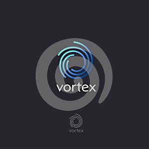 Vortex flat logo. Blue letter emblem. O monogram. Dynamic swirl.
