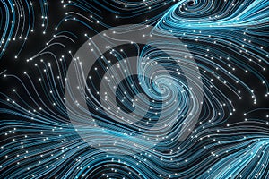 Vortical line pattern, glowing particles trails, 3d rendering