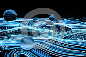 Vortical line pattern, glowing particles trails, 3d rendering