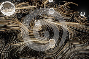 Vortical line pattern, glowing particles trails, 3d rendering