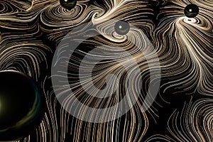 Vortical line pattern, glowing particles trails, 3d rendering