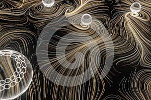 Vortical line pattern, glowing particles trails, 3d rendering