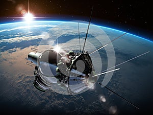 Voskhod 2 spacecraft at the Earth orbit. 3D Illustration.