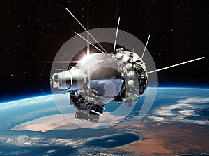 Voskhod 2 spacecraft at the Earth orbit. 3D Illustration.