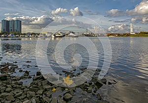 Vostochny Yacht Club on the banks of the Neva River in Rybatsky