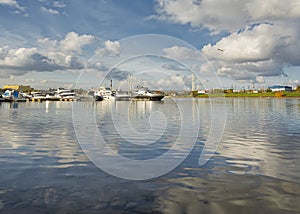 Vostochny Yacht Club on the banks of the Neva River in Rybatsky