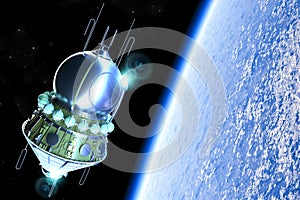 The Vostok spacecraft orbits the Earth. Man`s first flight in low earth orbit. Inside the capsule was cosmonaut Yuri Gagarin.