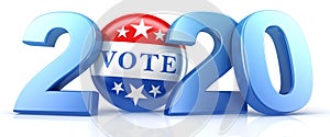 Vote 2020. Red, white, and blue voting pin in 2020 with Vote text.