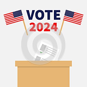 Vote 2024. Ballot Voting box with paper blank bulletin concept. Polling station. President election day. Crossed American flag set