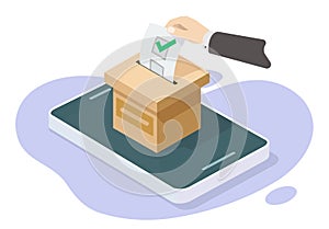 Vote 3d mobile cell phone box icon vector as ballot election isometric poll online illustration graphic, internet virtual digital