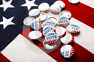 Vote election badge button for 2020 on flag of America photo