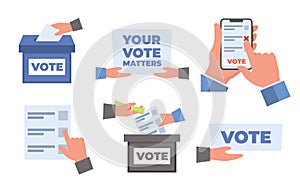 vote election concept. cartoon minimalistic political voting hand holding icons, justice democracy referendum balloting photo