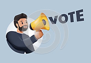 Vote, election concept design with Vote word and man holding megaphone. 3D modern minimal style. Poster, banner 3D