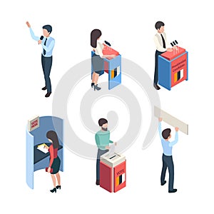 Vote isometric. Political people speakers reporter voting campaign politic choice vector characters