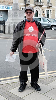 Vote Leave campaigner seen giving out information in an English town.