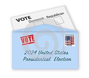 Vote by letter concept. USA Presidential election 2024. Envelope with stamp, address, and voting card