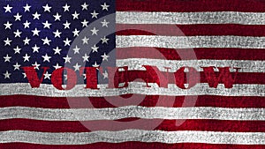 Vote now slogan on grunge denim American flag. 4K 3D rendering USA Election vote animated video.