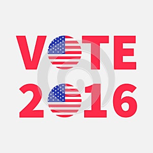 Vote 2016 red text Blue badge button icon with American flag Star and strip President election day. Voting concept. Isolated White