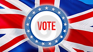 Vote text on UK flag waving in wind British Elections background. British Parliament Union Jack Flag background, 3d rendering.