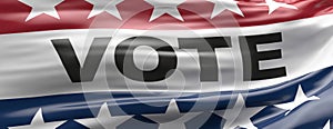 Vote on US America election day. VOTE text on waving american flag with patriotic stars background. 3d illustration