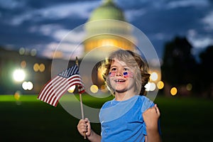 Vote for US Citizens. Kid with American flag near capitol in Washington DC. Voting concept. American Vote Day. Vote and