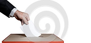 Voter Holds Envelope In Hand Above Vote Ballot On Isolated. Freedom Democracy Concept