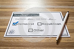 Voter registration card with Democratic party selected