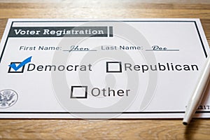 Voter registration card with Democratic party selected - Close Up