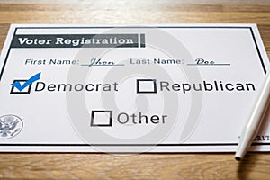 Voter registration card with Democratic party selected - Close Up photo